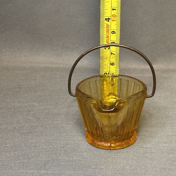 Vntg Toothpick/Ashtray Hazel Atlas Coal Bucket w/Handle Amber Depression Glass - Picture 7 of 9